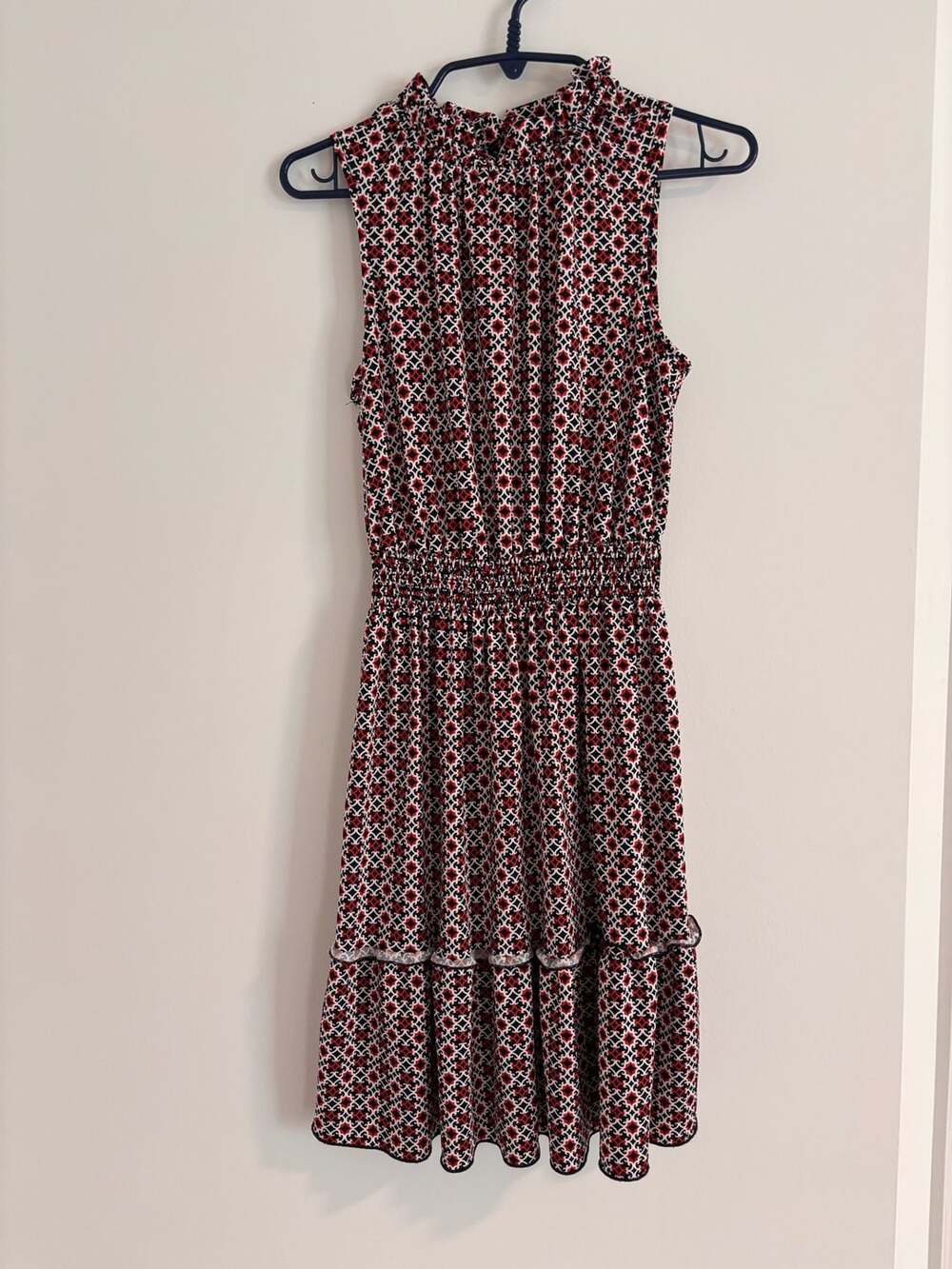 Kate and Lily Red White and Blue Geometric Sleeveless Ruffle Neck Smocked Waist
